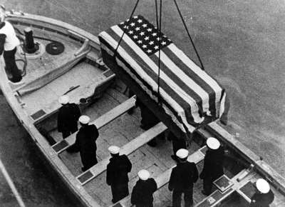 View of the coffin of an American sailor killed in the Japanese bombing of USS Panay on December 12, 1937